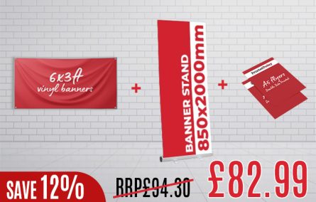 6 ft x 3 ft Vinyl Banner + Pull Up Banner 850x2000mm + 250x A5 Flyers (Double Sided)