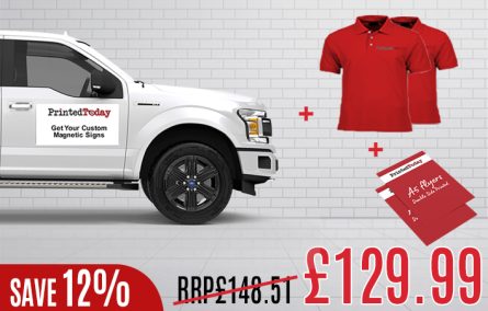 1x 3 ft x 2 ft Magnetic Sign + 2x 1.5 ft x 1 ft Magnetic Signs + 500x A5 Flyers (Double Sided) + 2x Polo Shirts