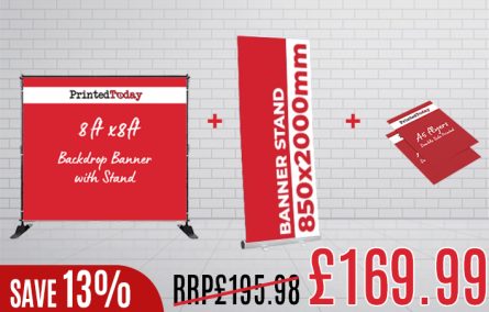 8 ft x 8 ft Backdrop with Stand + Pull Up Banner 850x2000mm + 250x A5 Flyers (Double Sided)