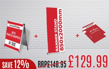 1x A1 A-Frame (Double Sided) + 1x Pull Up Banner 850x2000mm + 500x A5 Flyers (Double Sided)