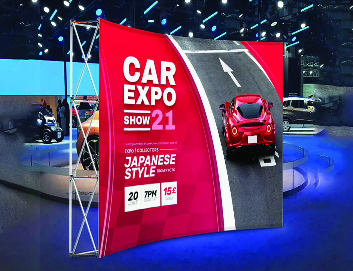 Curved Pop Up Exhibition Backdrop Stand With Printed Fabric Graphics